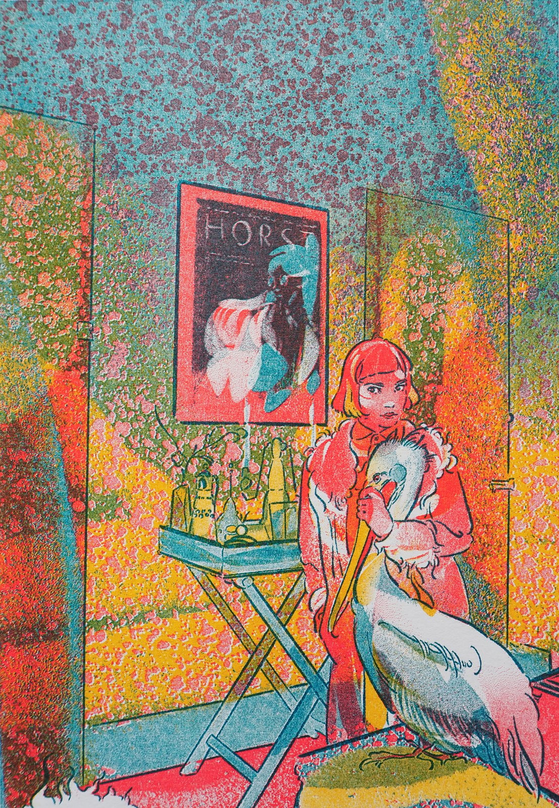 Girl and Pelican A6 Risograph Print | Georgia Green